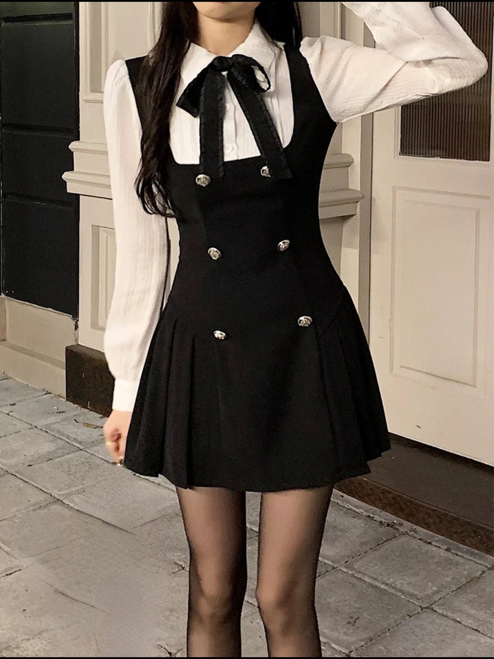 Black Double-Breasted Pinafore Dress with White Blouse Look